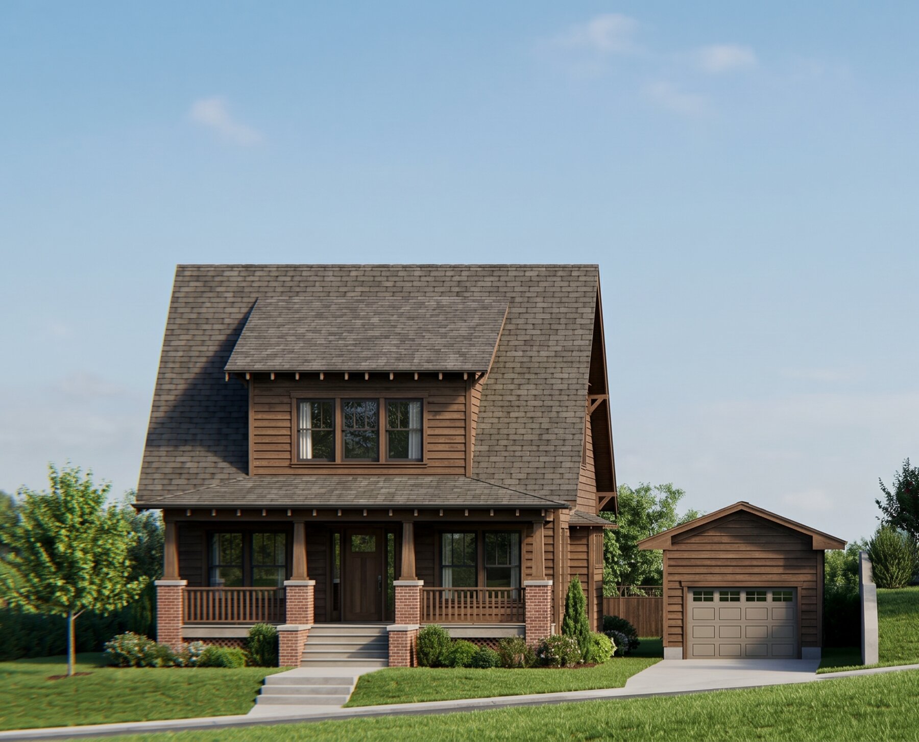 3014 Longleaf Road finish option — dark wood-tone siding and brick